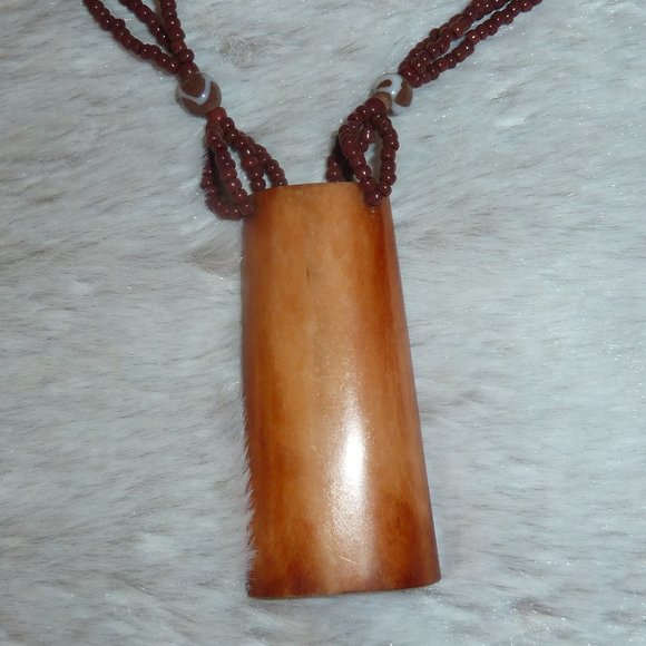 Boho Brown Bead Necklace, Real Bone Horn Rectangular Pendant, Button Closure 18" - Picture 6 of 10